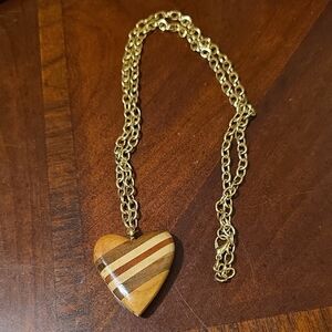 Striped Wooden Heart Pendant Necklace on Gold Chain